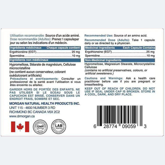 Dr. Morgan Spermidine + EGT bilingual package label with directions and ingredients, NPN 80144277