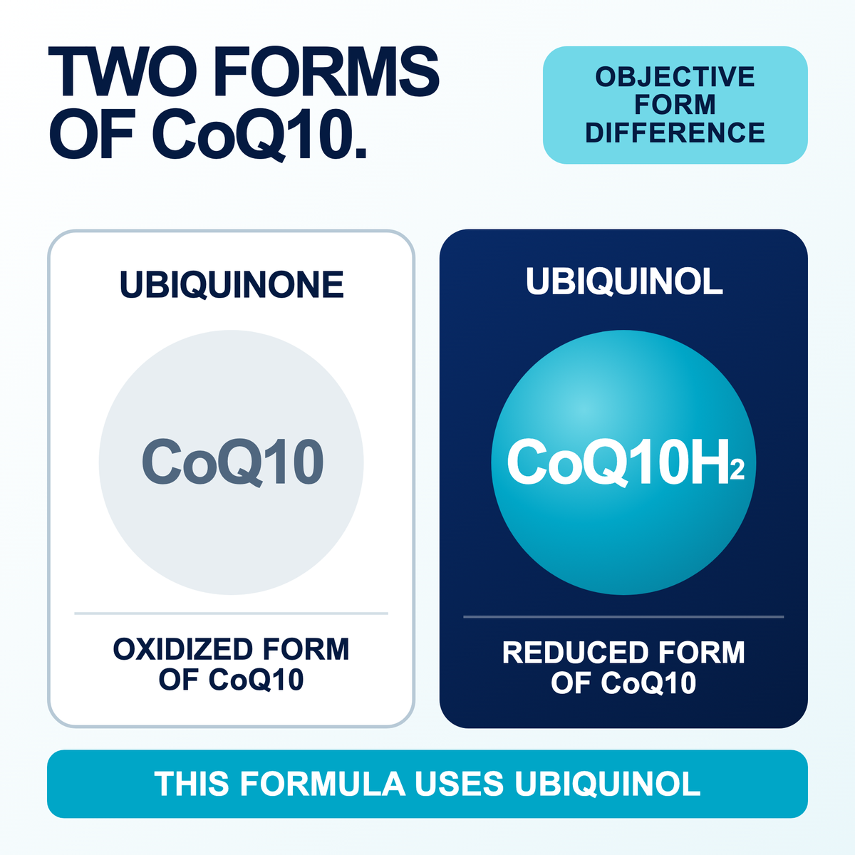 Ubiquinone and ubiquinol are two forms of CoQ10